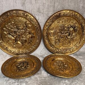 Vintage Brass Wall Plates Set Made in England Tavern Scenes 2 Sizes Embossed